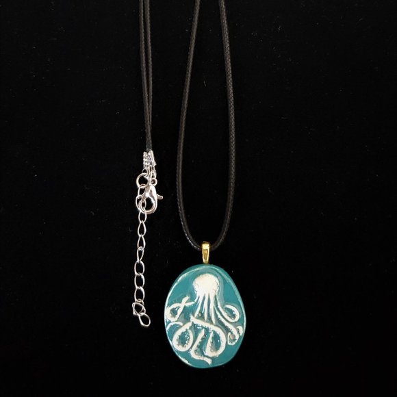 Handmade Ceramic Turquoise Octopus Kraken Pendant Necklace - Picture 3 of 14